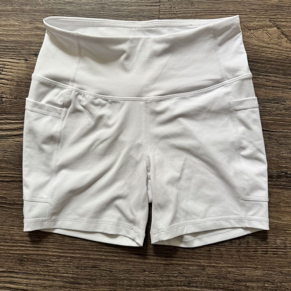 Baleaf Womens 4.5" Yoga High Rise White Shorts Size S 2 Pockets & 1 Hid Bike Run